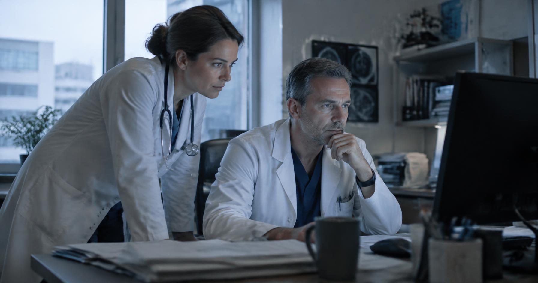 A physician sits at a desk studying a computer screen, hand on his chin, while a colleague in a white coat leans in to review it with him.