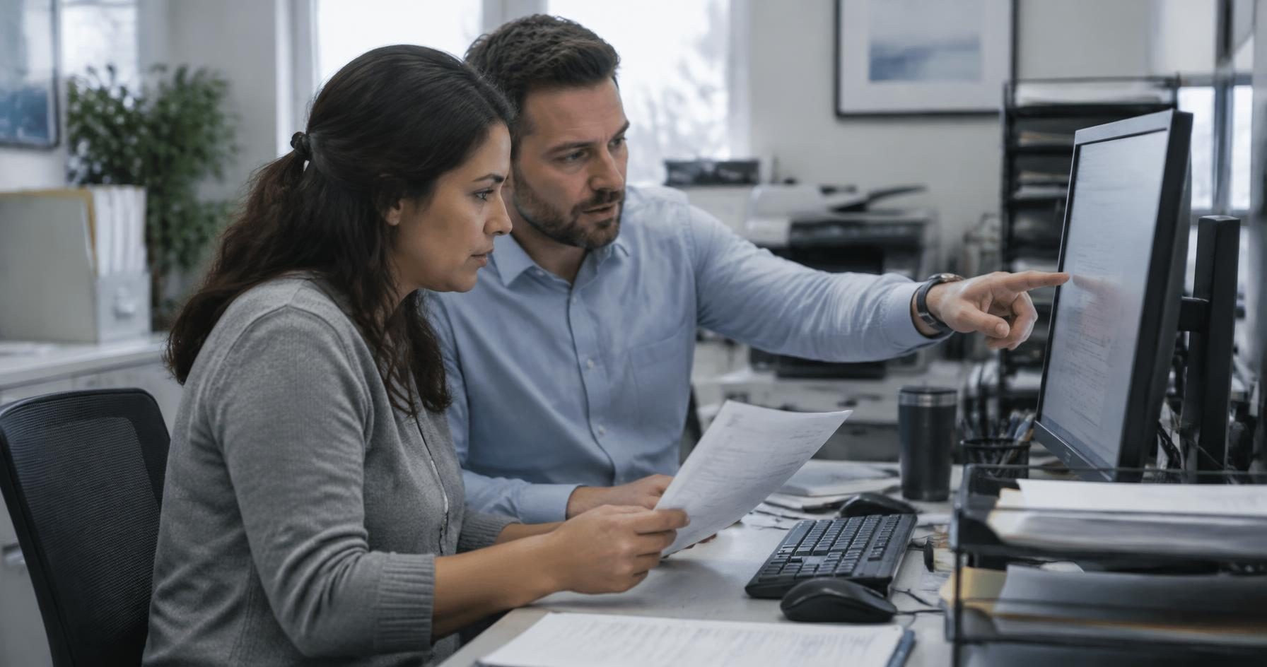 Two coworkers in a billing office compare a printed document against a record on a computer screen, one pointing at the monitor.